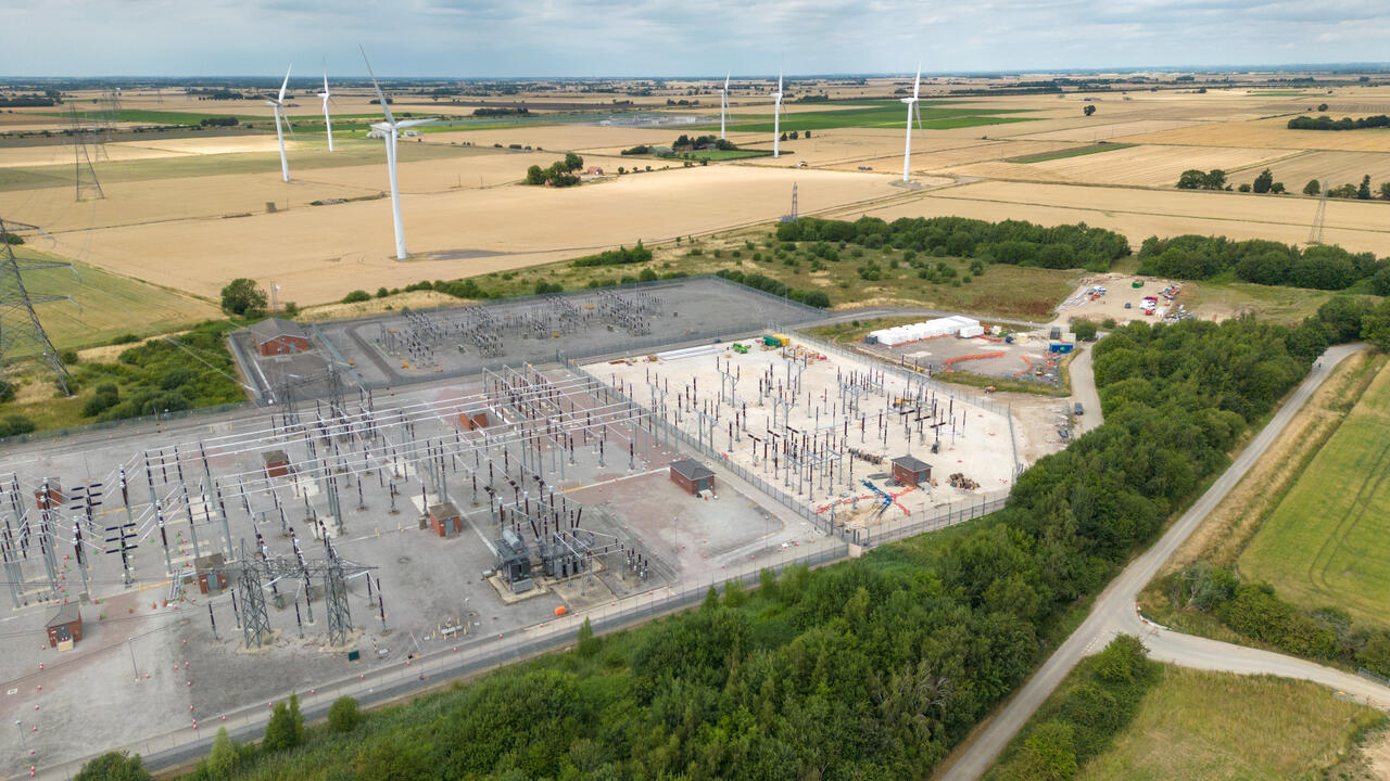 Aerial view of National Grid's Bicker Fen substation