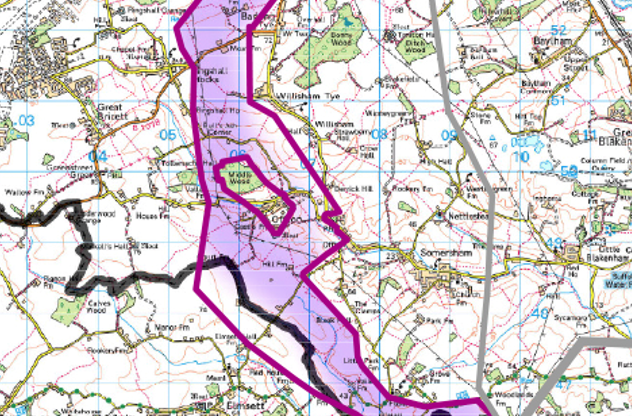 Map showing a sample of National Grid's East Anglia GREEN project graduated swathe