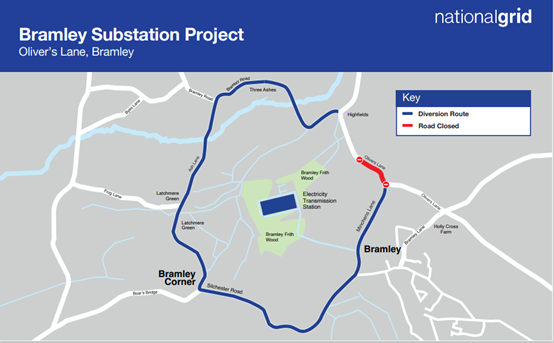 Map showing National Grid road closure by Bramley substation Jan to Feb 2023