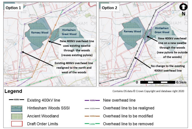 Map showing a side-by-side comparison of the two options for the routeing of the Bramford to Twinstead Reinforcement at Hintlesham Woods. Option 1 (left) is the option that will be taken forward, with Option 2 (right) removed from the plans.