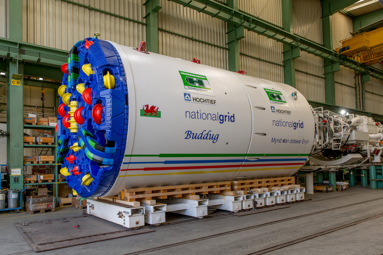 Eryri VIP Tunnel Boring Machine with National Grid livery in Germany waiting to be transported to North Wales