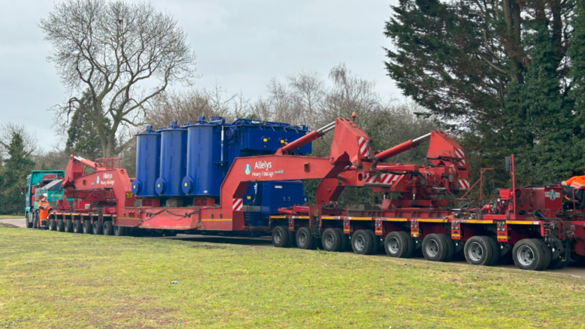 A transformer on a 8.8 metre long transporting vehicle