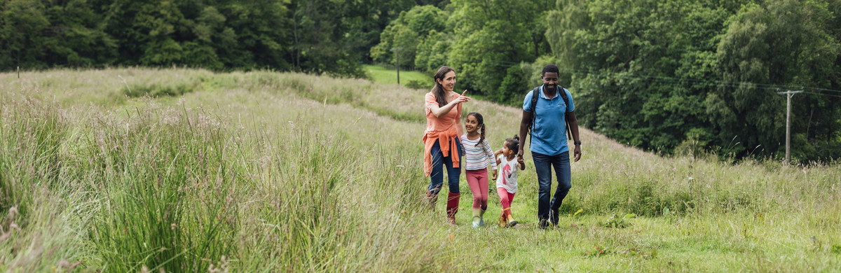 family walking in a field