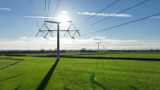 T-pylons and overhead electricity lines in the sunshine in green fields