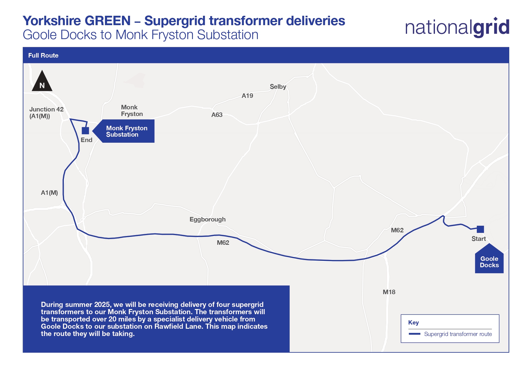 A map showing the supergrid transformer route from Goole Docks to Monk Fryston Substation.