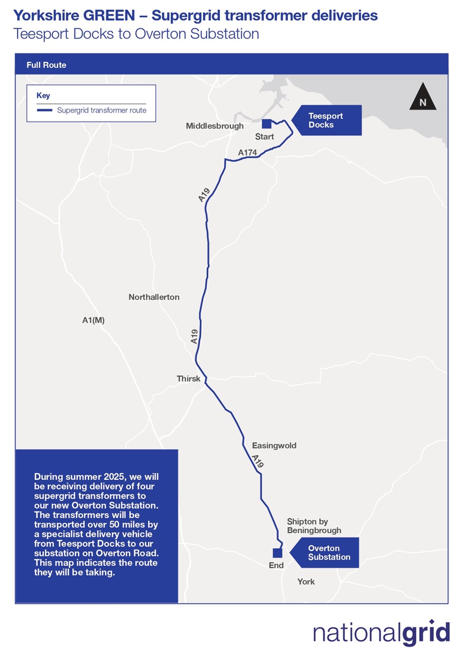 A map showing the route of the Overton SGT from Teesport Docks to Overton Road. The SGT will take the A19 to reach the Substation.