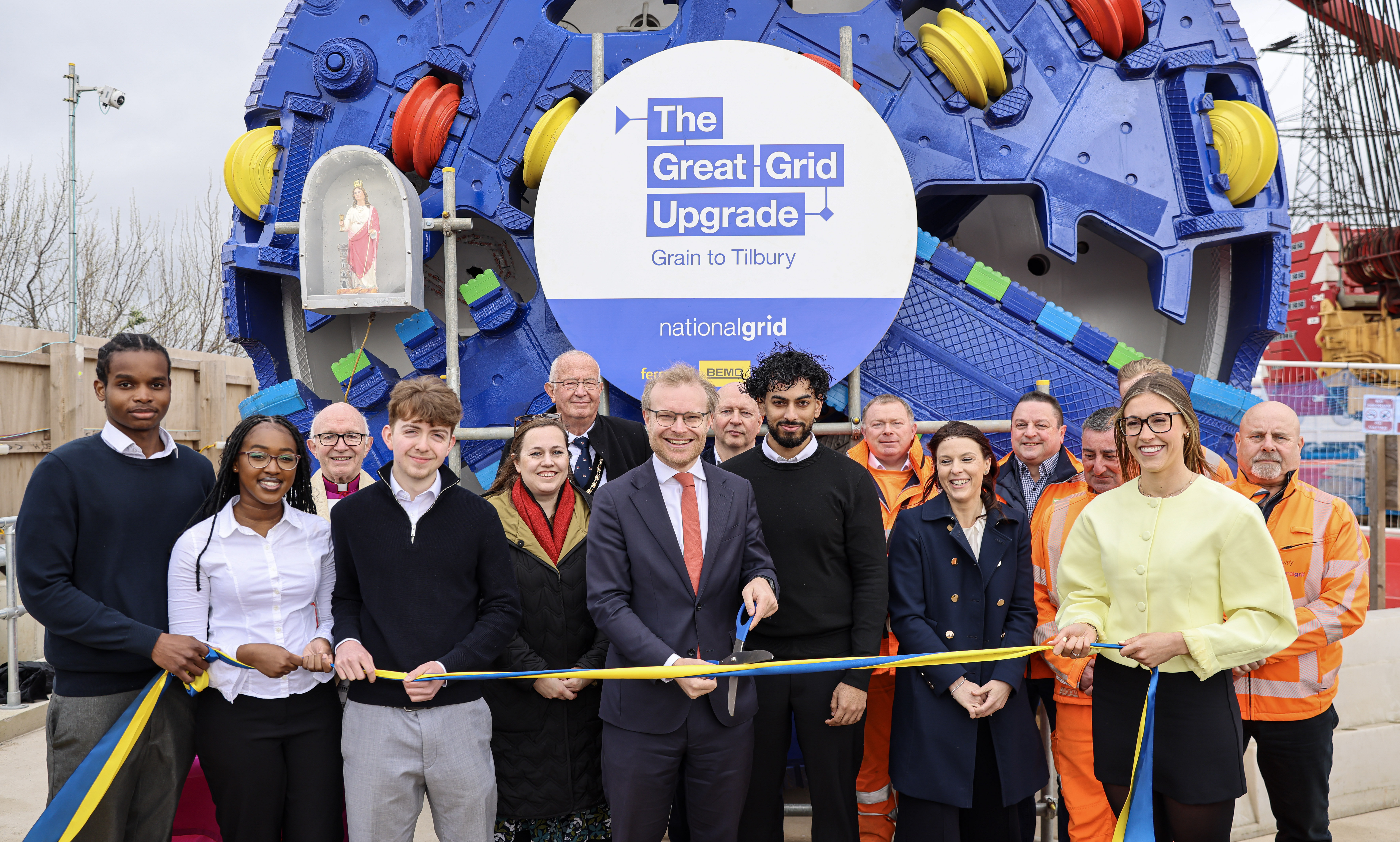 Energy Minister Michael Shanks celebrating the launch of the tunnel boring machine with National Grid and pupils from St John’s Catholic Comprehensive school