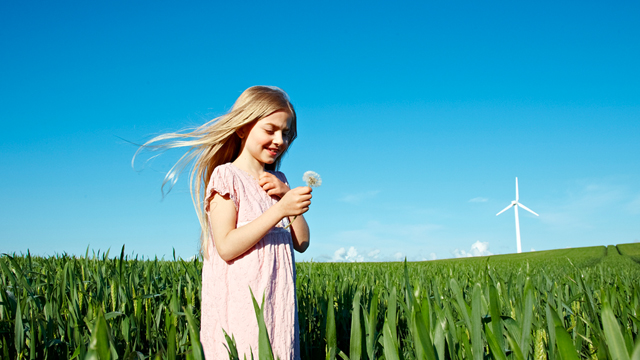 Girl holding a dandelion clock standing in a field with wind turbine in the background