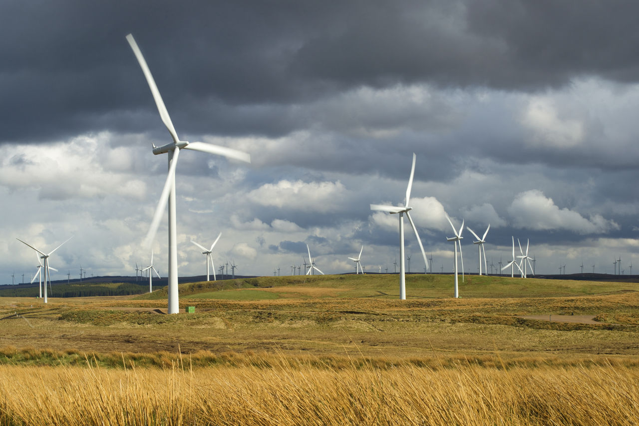 Wind turbines in rolling fields under cloudy grey skies