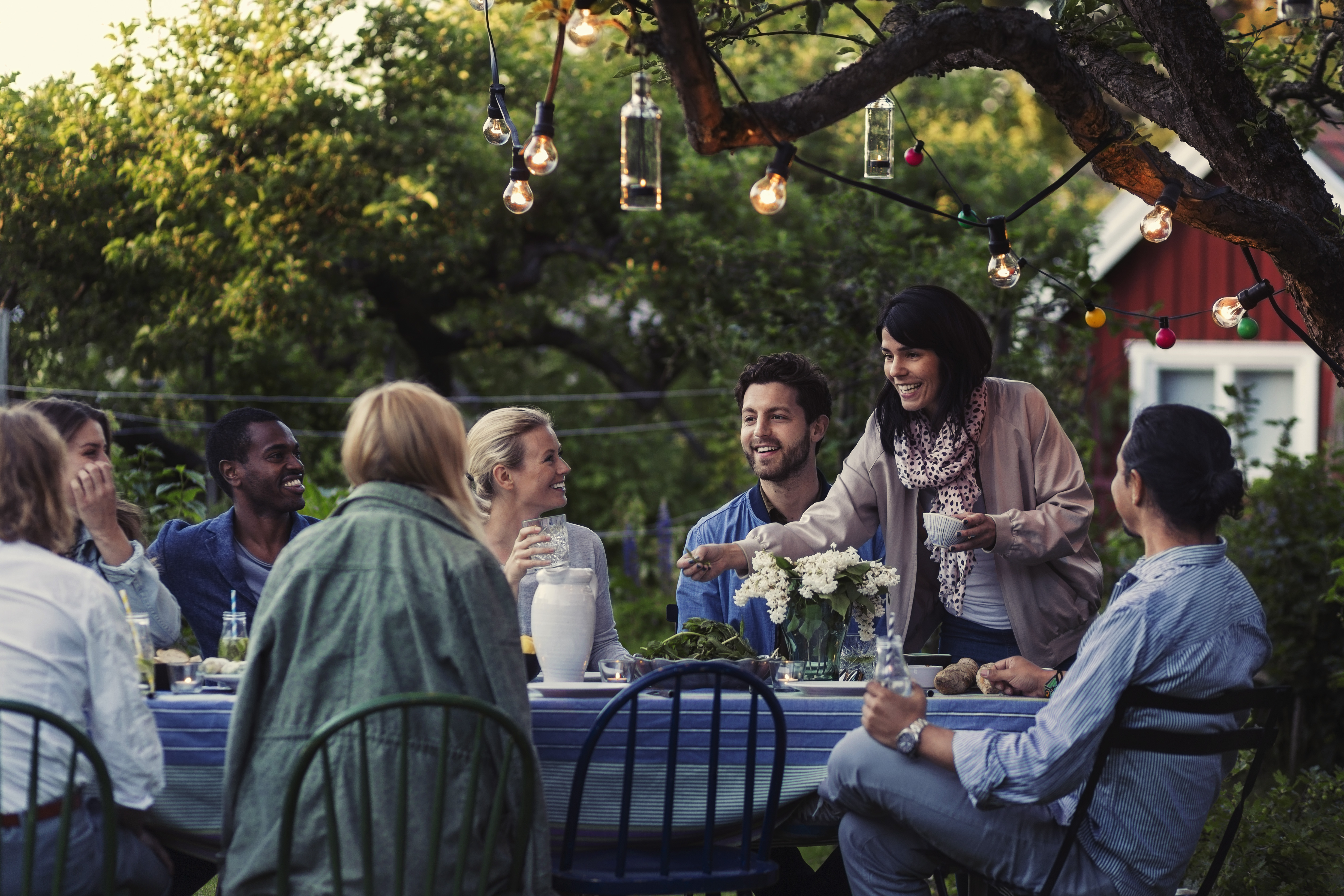 Group of people having dinner in a garden under a tree with a string of lights in it