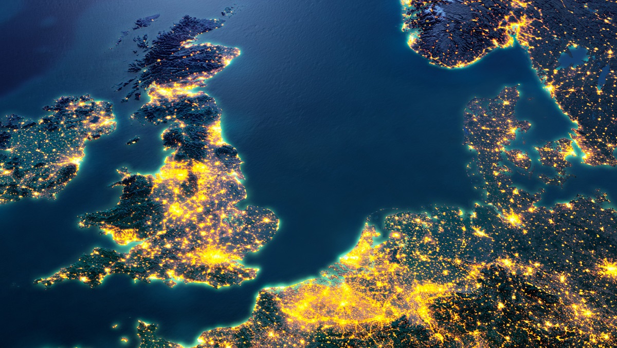 Map of GB and Denmark at night used for National Grid Viking Link story