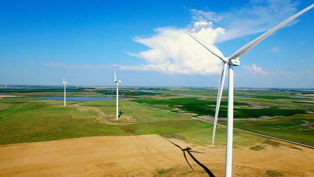 Aerial view of wind turbines on the prairie used for National Grid Renewables story