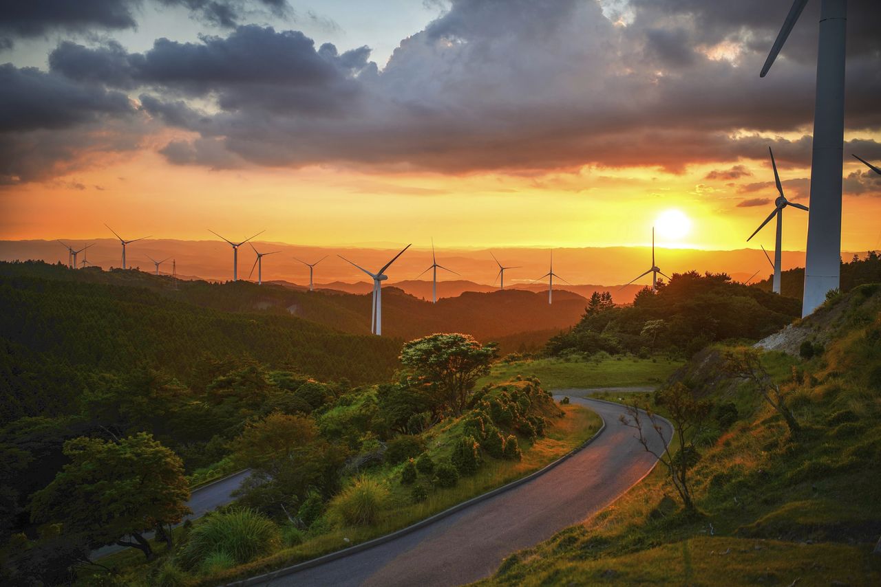 Wind turbines in green landscape with winding road at sunset - used for the National Grid story 'App helps you work out how green your power is'