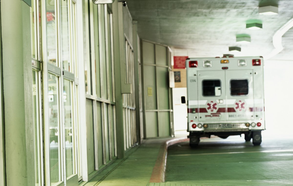 Back of a US ambulance parked outside sliding doors - used for the National Grid story 'Lending a helping hand during the COVID-19 crisis'