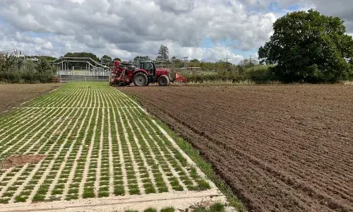 Image of the new Grasscrete road with a tractor in the background
