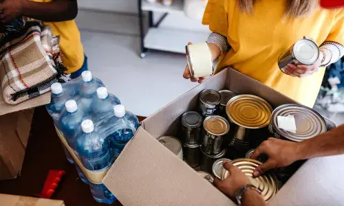 Charity woman with tinned food for National Grid