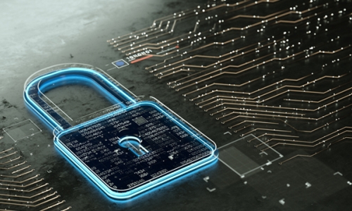 Abstract data security image with virtual lock on data chip