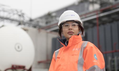 Female engineer in PPE for launch of National Grid Ventures IFA2 Interconnector
