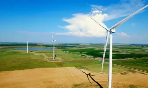 Aerial view of wind turbines on the prairie used for National Grid Renewables story