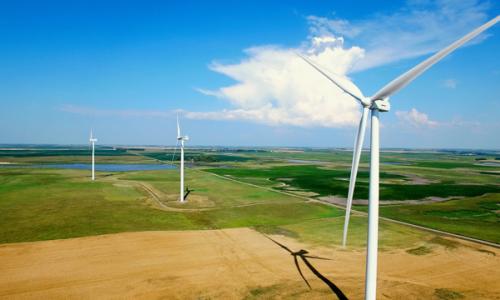Aerial view of wind turbines on the prairie used for National Grid Renewables story
