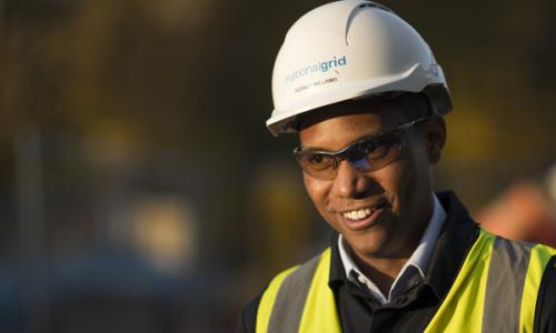 National Grid's Rodney Williams wearing hard hat and high vis vest
