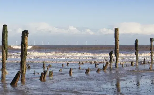 Remnants of a pier sticking out of the sea shore with wind turbines in the distance