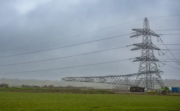 Felling of a temporary electricity pylon north of Bridgwater, Somerset