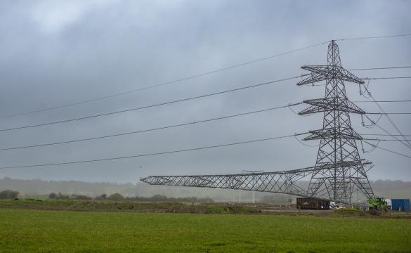 Felling of a temporary electricity pylon north of Bridgwater, Somerset