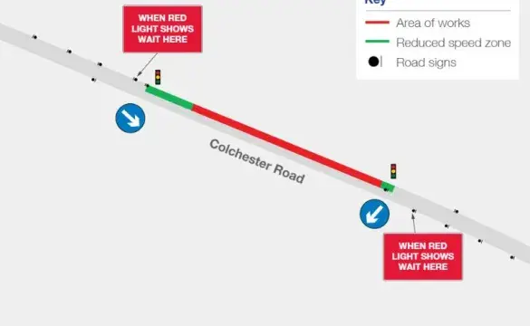 Map of traffic management measures along Colchester Road, near Leavenheath
