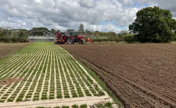 Image of the new Grasscrete road with a tractor in the background