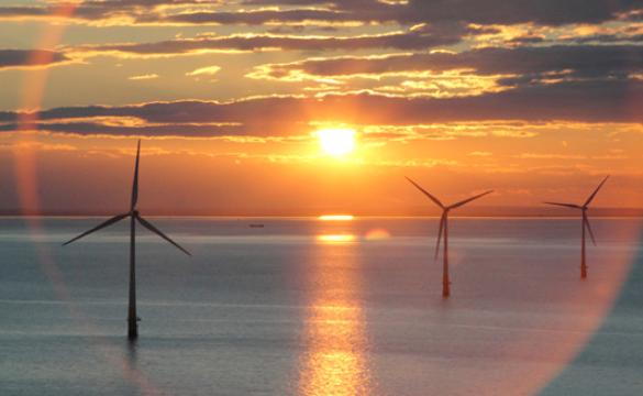 Wind turbines at sea against a beautiful sunset