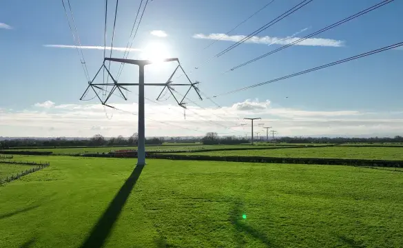 T-pylons and overhead electricity lines in the sunshine in green fields