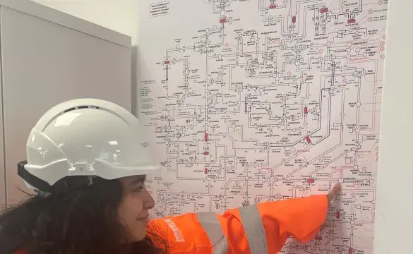 National Grid's Tanya Bukhari wearing PPE and pointing at a diagram on the wall