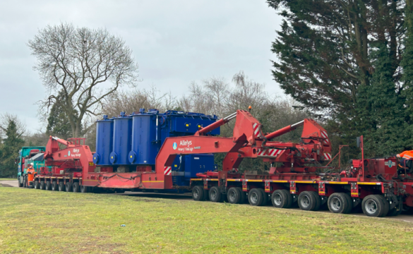 A transformer on a 8.8 metre long transporting vehicle