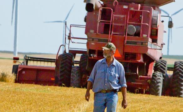 Photo of windfarm and tractor