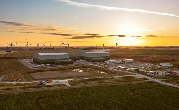 Aerial photo of the Viking Link UK Converter Station at sunrise