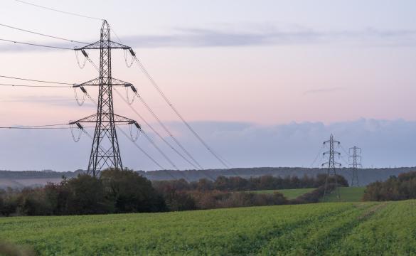 Photo of three National Grid pylons running across Cleeve Hill in the Cotswolds National Landscape