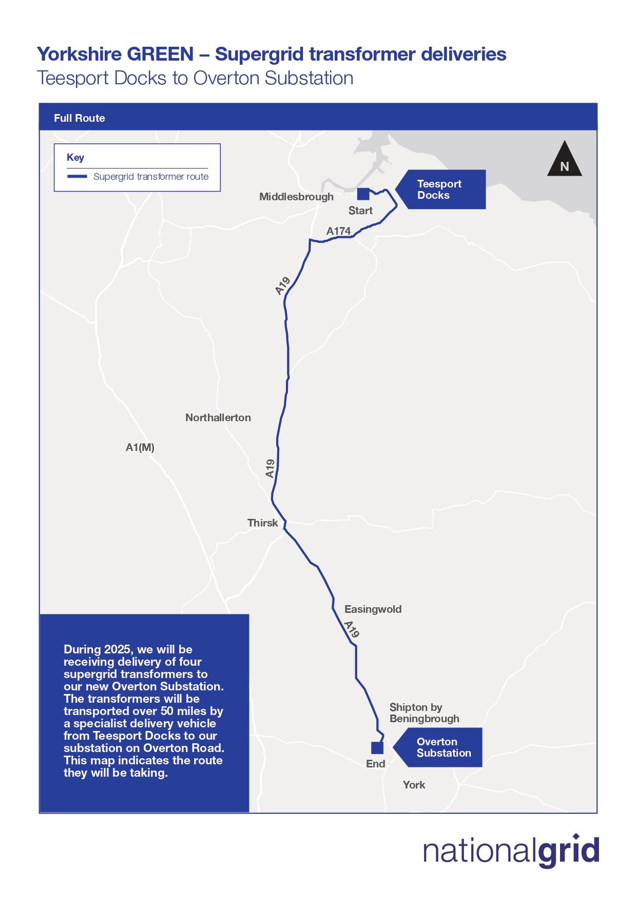 Map showing the delivery route from Teesport Docks to Overton Substation