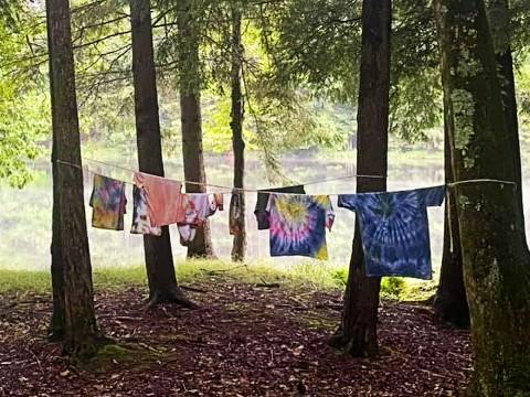 tie dye clothing hanging in forest campsite
