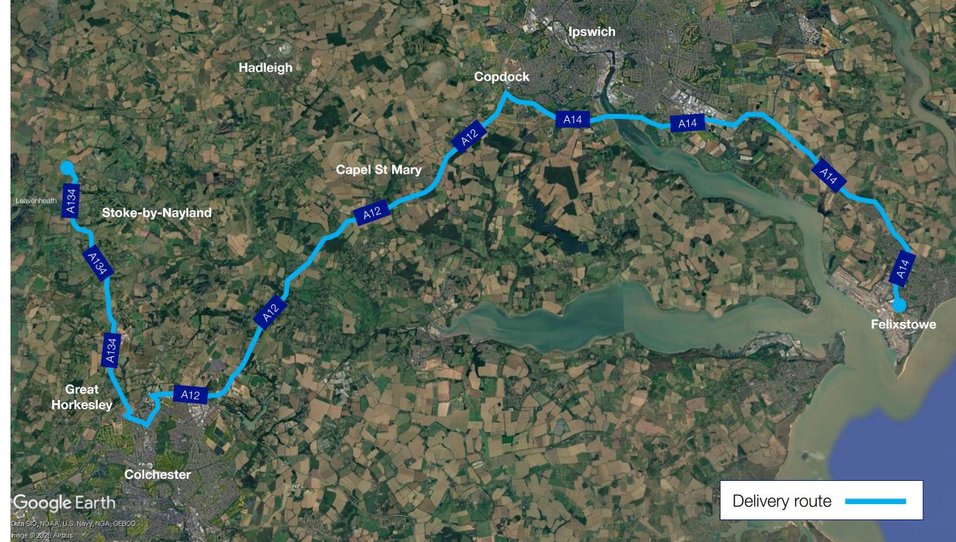 Map of AIL delivery route from Port of Felixstowe to main construction compound (north of Leavenheath)