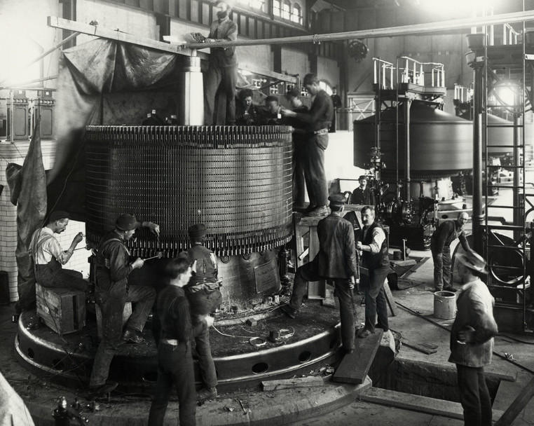 Historical, black and white image of the inside of Adams Station Power Plant, Buffalo, NY