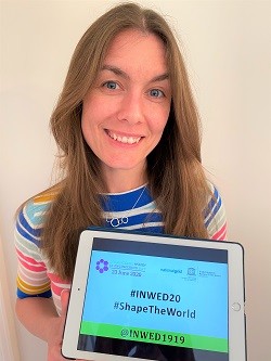 National Grid's Danielle Stewart holding tablet with INWED2020