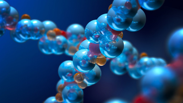 Hydrogen molecules against a blue background