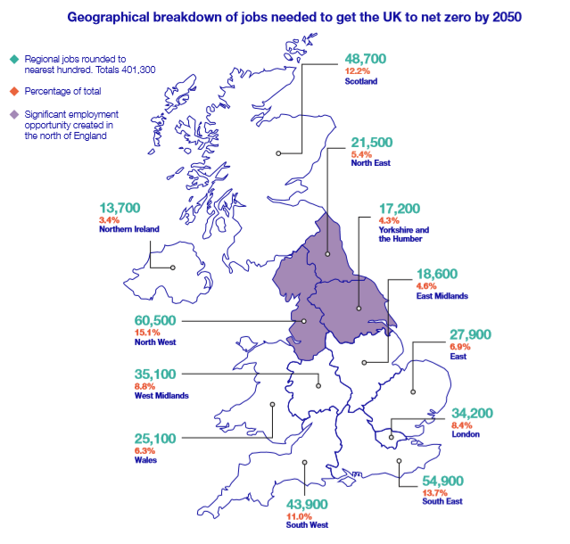 Map of UK showing people needed by region for National Grid