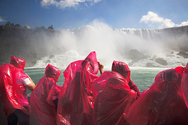 Niagara Falls State Park - People viewing the falls wearing red rain protectors