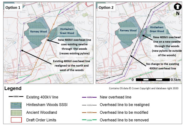 Hintlesham Woods Options 1 and 2.png Map showing a side-by-side comparison of the two options for the routeing of the Bramford to Twinstead Reinforcement at Hintlesham Woods. Option 1 (left) is the option that will be taken forward, with Option 2 (right) removed from the plans.
