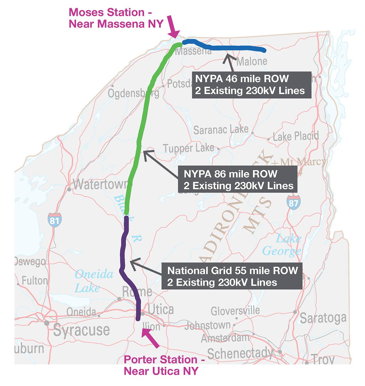 Map showing existing power lines between Moses Station and Porter Station in New York state