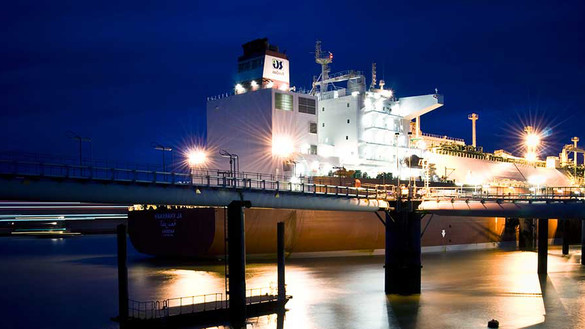 Ship docked at night at Grain LNG in Kent - used for the National Grid story 'Helping to fuel the nation'