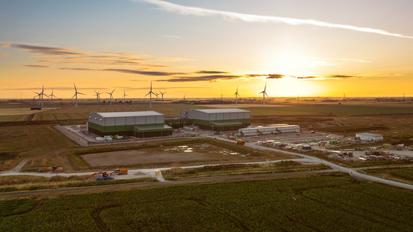 Aerial photo of the Viking Link UK Converter Station at sunrise
