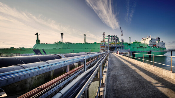 Ship docked at the end of the jetty at the Grain LNG terminal in Kent